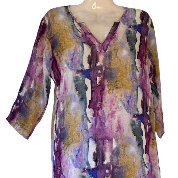 APNY Impressionist Tunic Multicolor Purple Blue Gold Art to Wear Flowy BOHO S - Picture 3 of 7